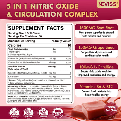 Neviss Beet Heart Chews nutrition facts label