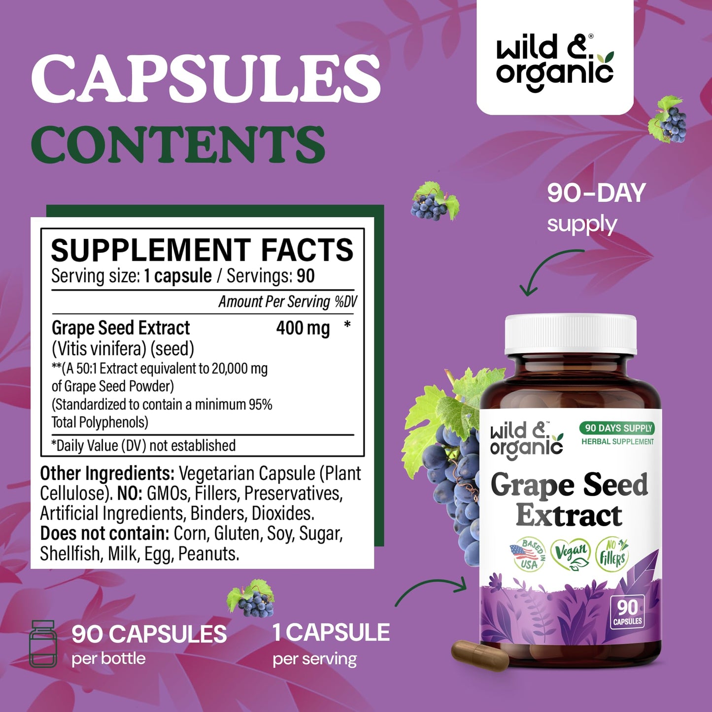 Wild and Organic Grape Seed Extract vegan capsule close up