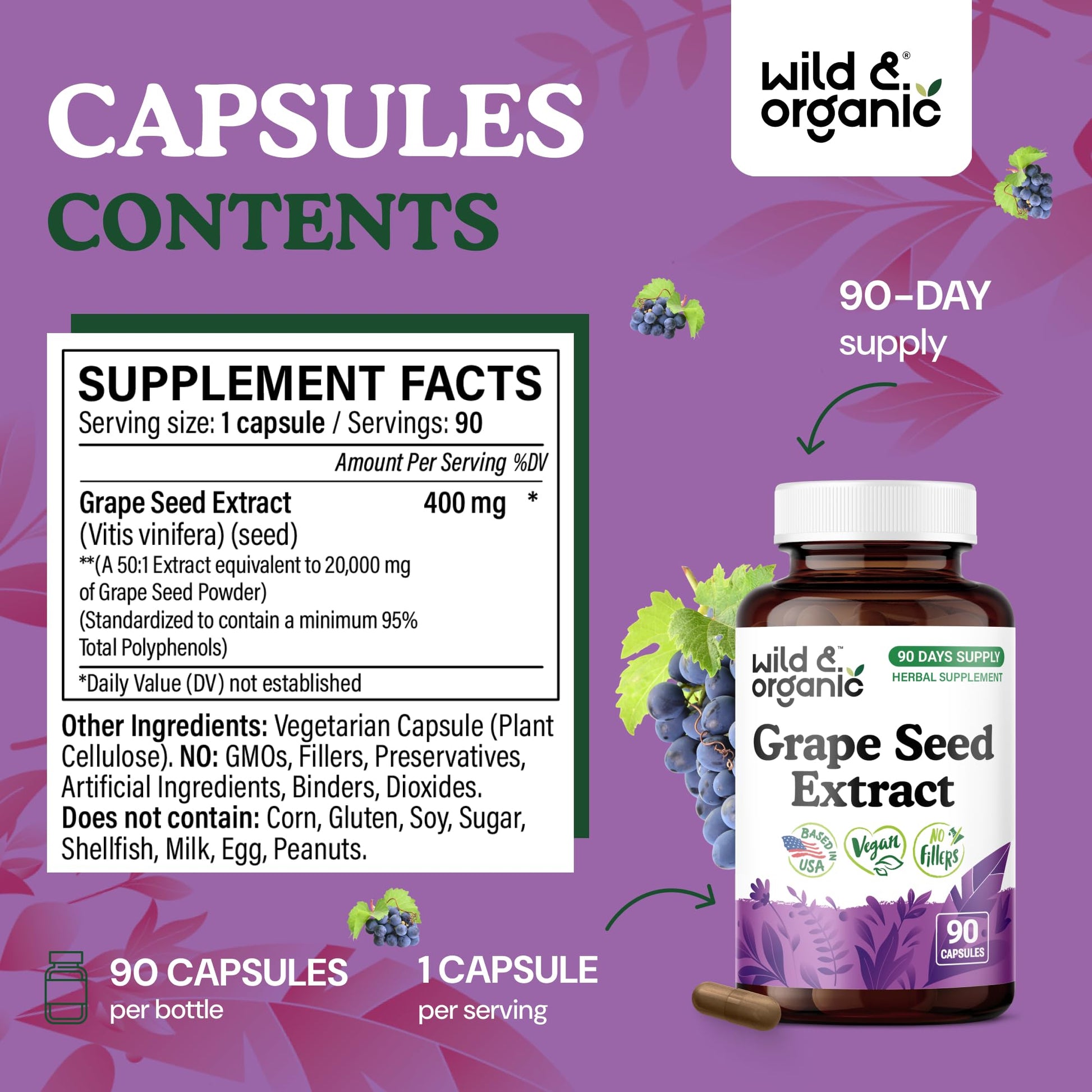 Wild and Organic Grape Seed Extract vegan capsule close up