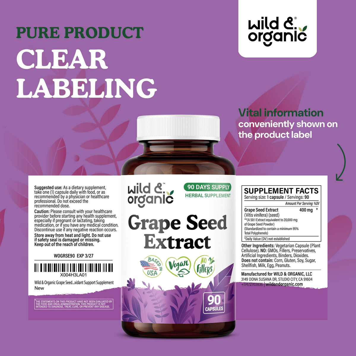Wild and Organic Grape Seed Extract supplement facts panel