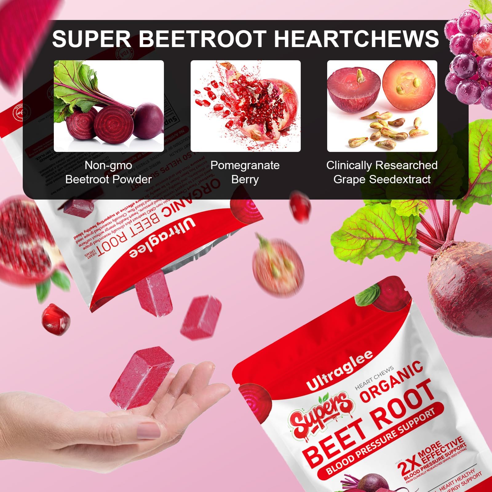 Close up of Ultraglee beet root powder and grape seed extract chews