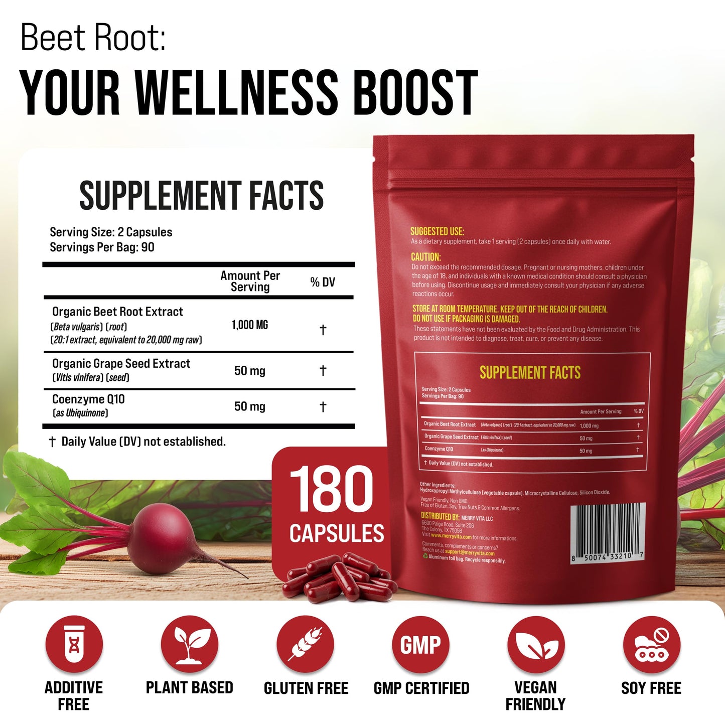 Merry Vita 180 vegan capsules bottle side view