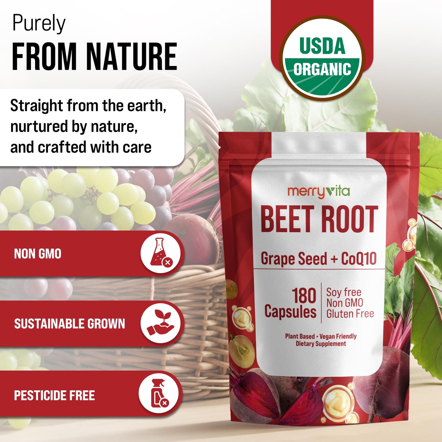 Close up of Merry Vita Beet Root bottle label details