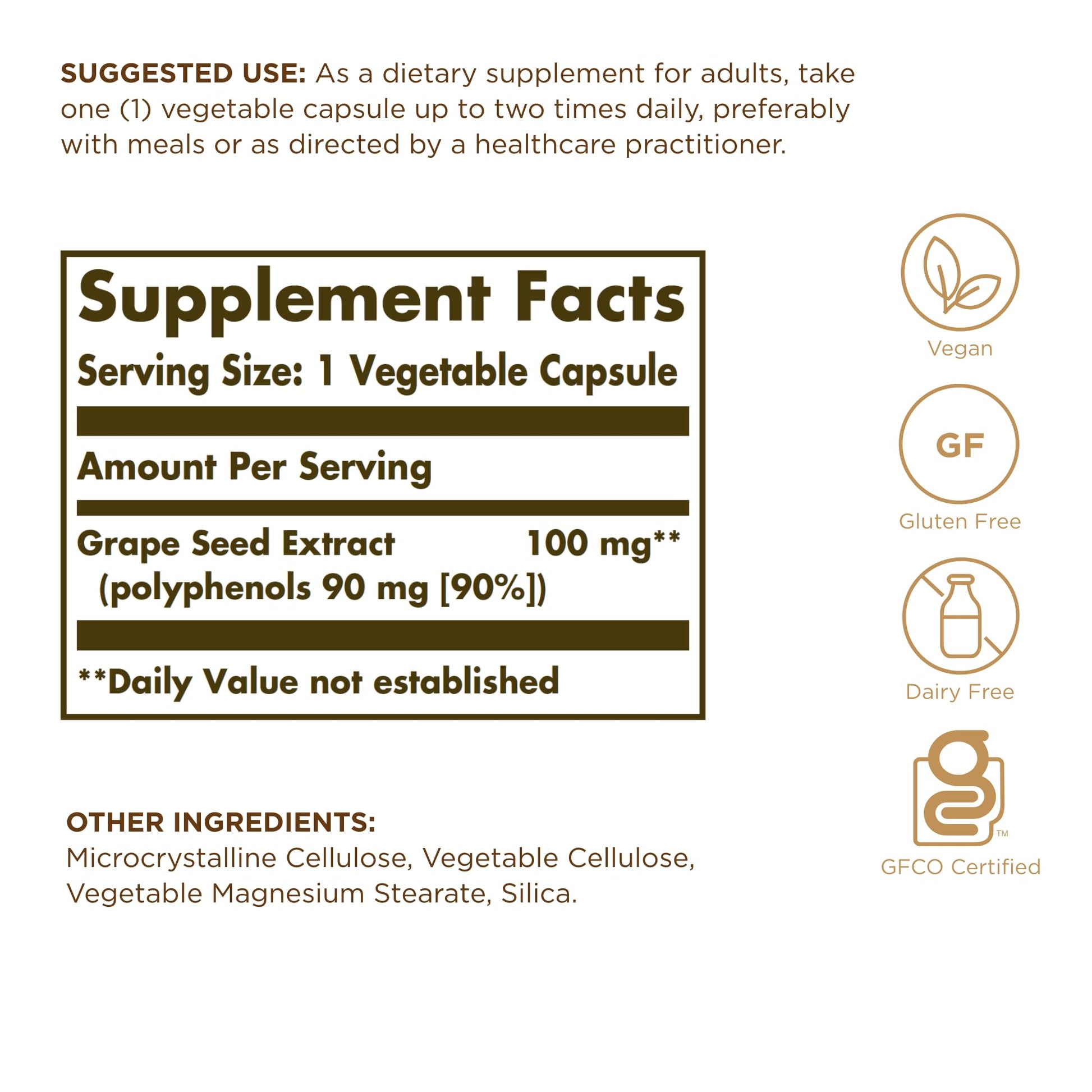 Solgar Grape Seed Extract 60 vegetable capsules bottle side view