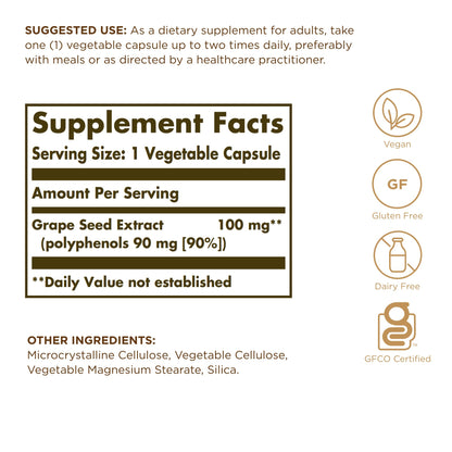 Solgar Grape Seed Extract 60 vegetable capsules bottle side view