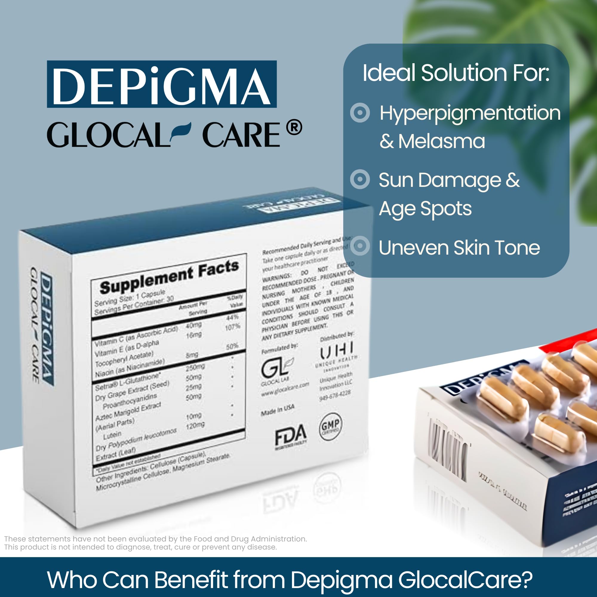 GlocalCare Depigma dietary supplement bottle label details