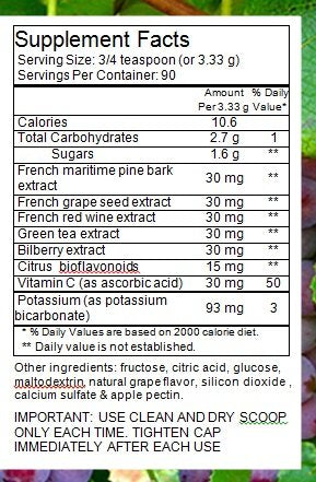 FrenchGlory OPC90 300 gram supplement nutritional label view