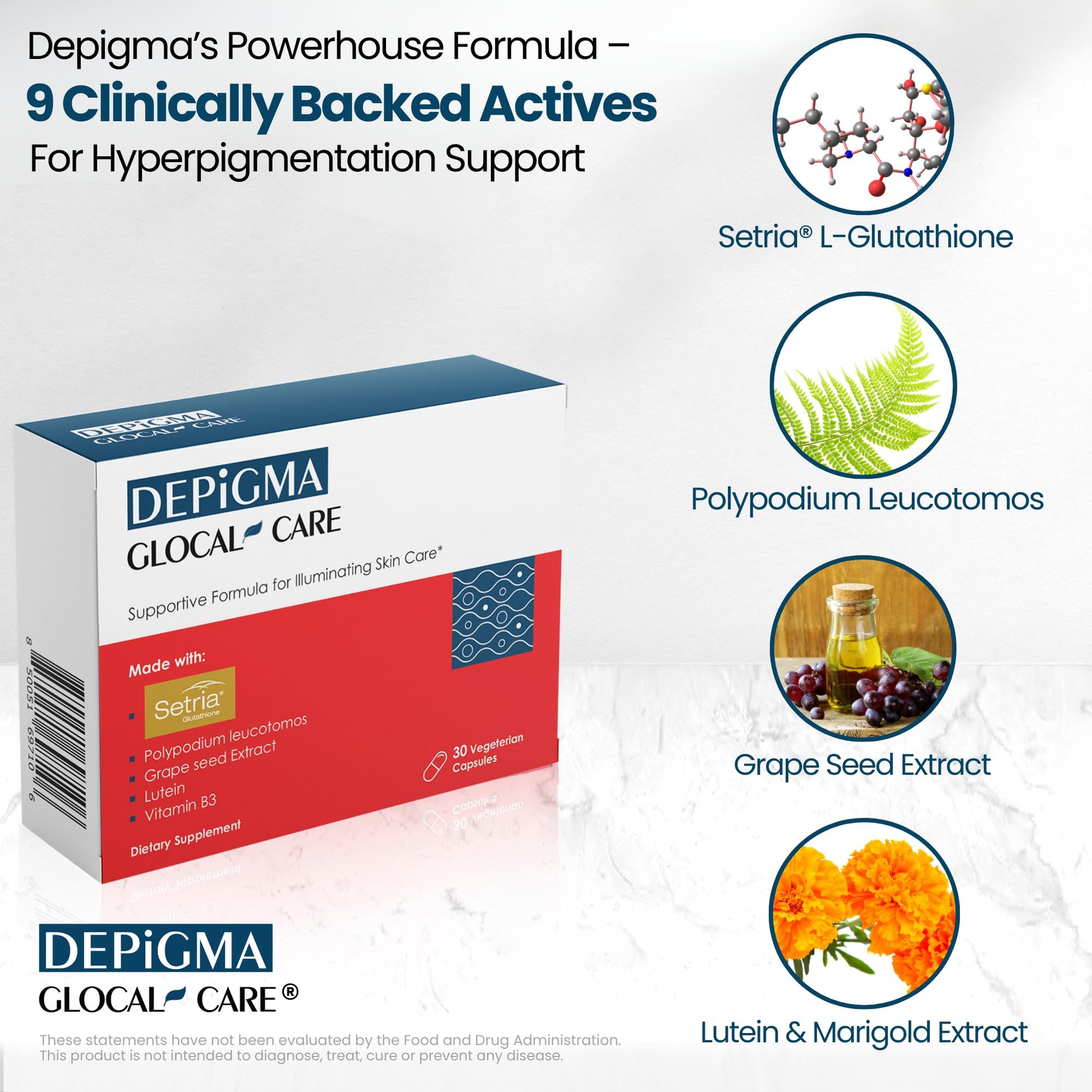 GlocalCare Depigma 30 count bottle for hyperpigmentation reduction