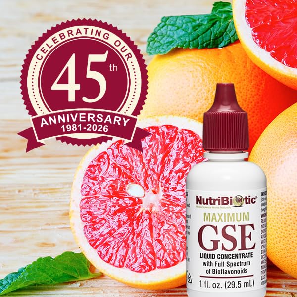 Close up of NutriBiotic Maximum GSE liquid concentrate bottle