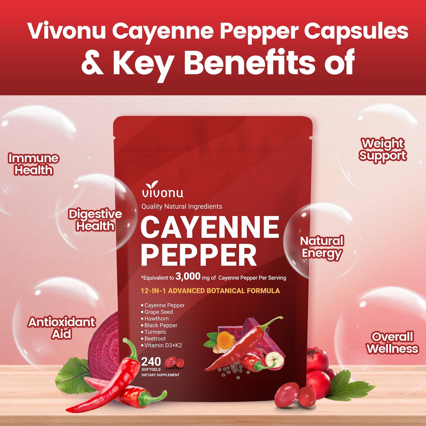 Back label of VivoNu Cayenne Pepper showing ingredients