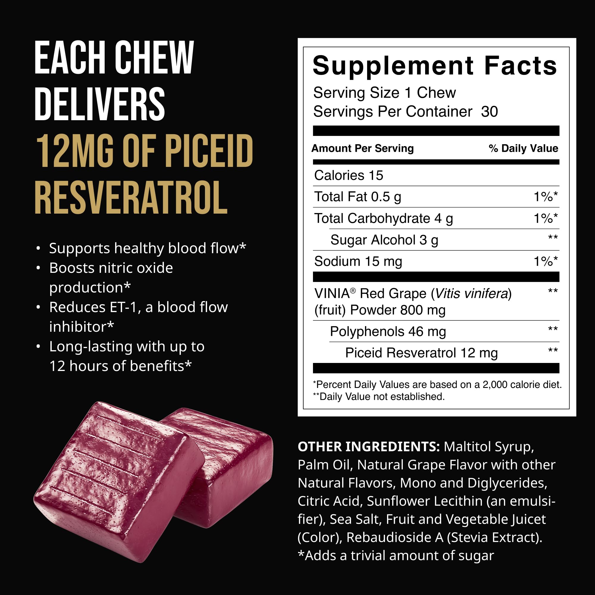 Vinia heart health chews packaging details and supplement facts