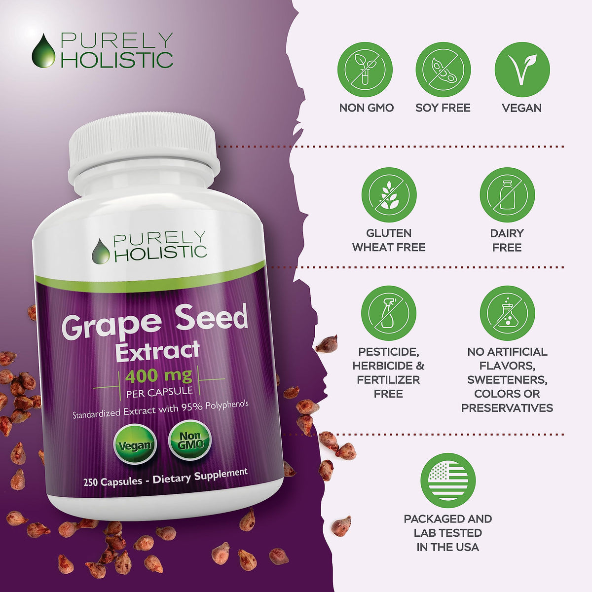 Back label of Purely Holistic Grape Seed Extract bottle