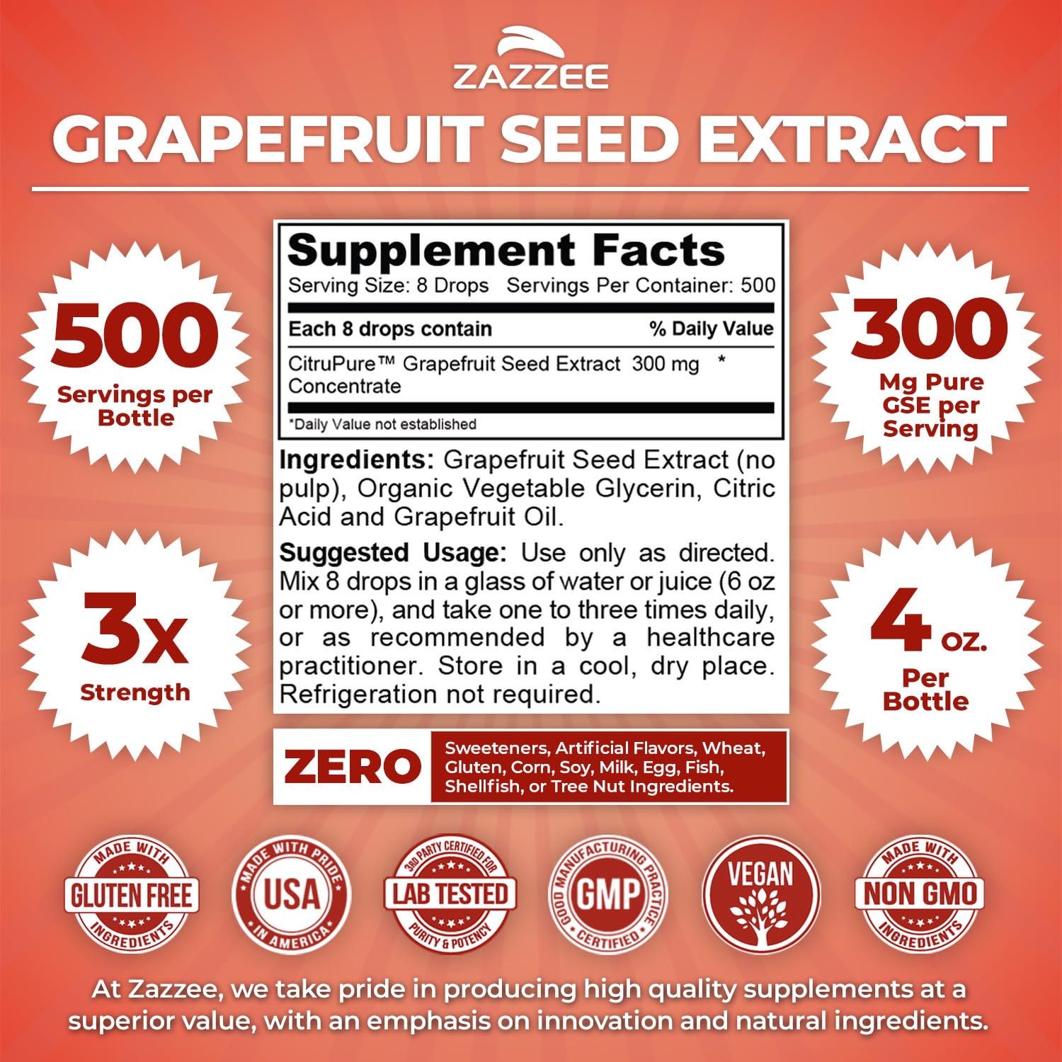 Zazzee triple strength grapefruit seed extract supplement label details