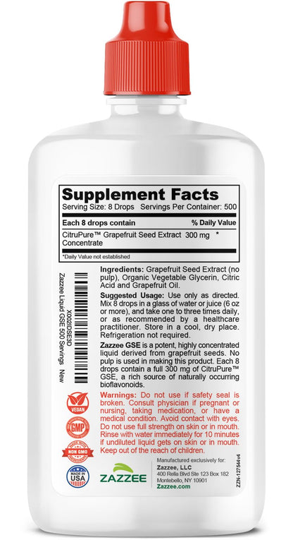 Zazzee Naturals Grapefruit Seed Extract ingredients and usage information