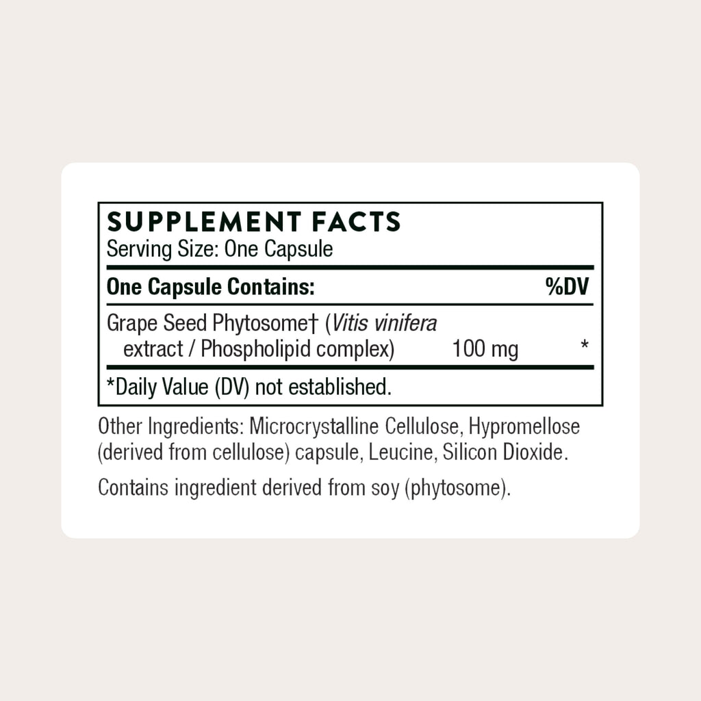 Thorne Grape Seed Phytosome supplement bottle side panel listing cardiovascular support benefits