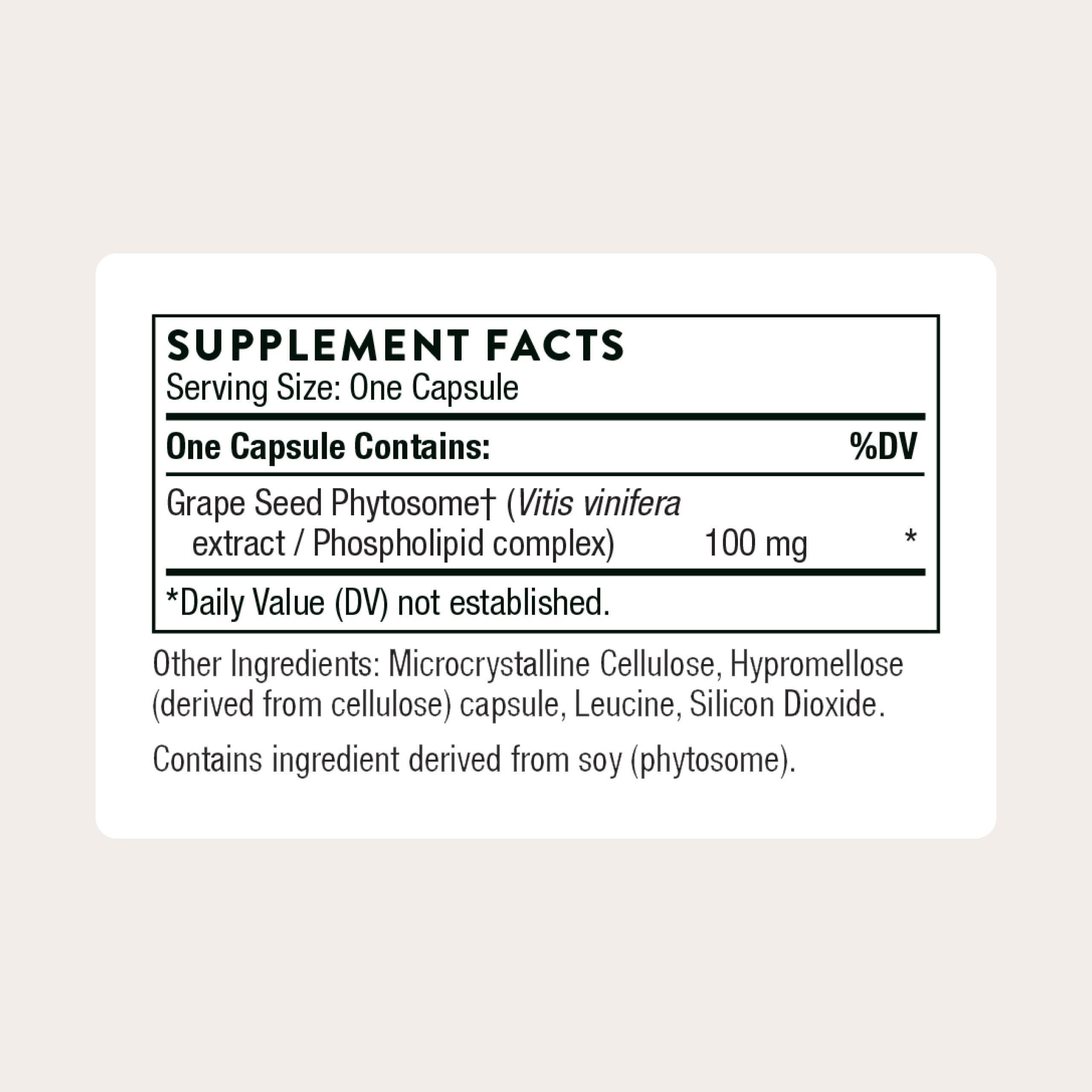 Thorne Grape Seed Phytosome supplement bottle side panel listing cardiovascular support benefits