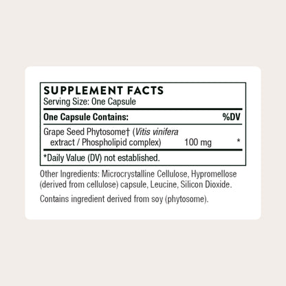 Thorne Grape Seed Phytosome supplement bottle side panel listing cardiovascular support benefits