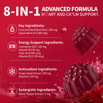 M Inch heart health supplement bottle next to beet root imagery