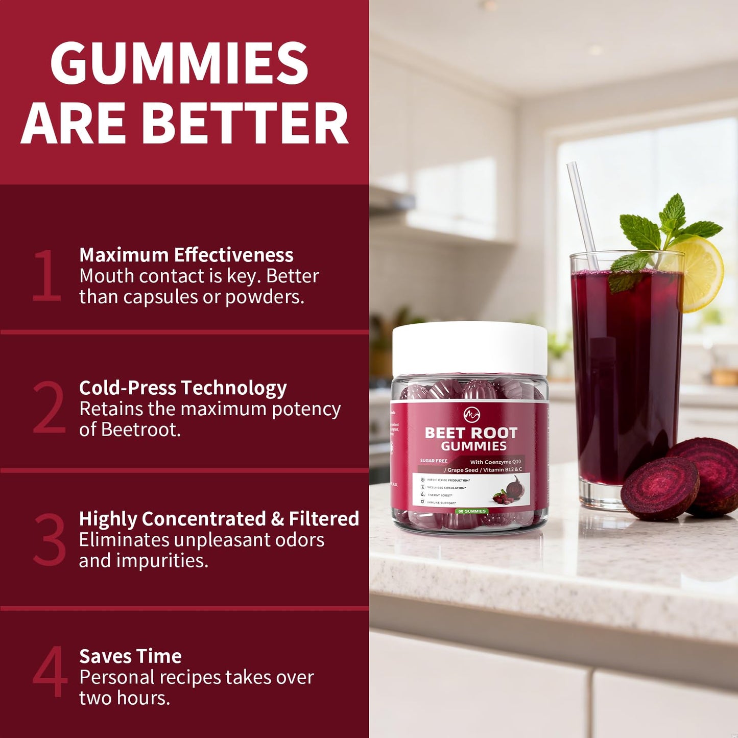 Side view of M Inch beet root gummies nutrition facts label