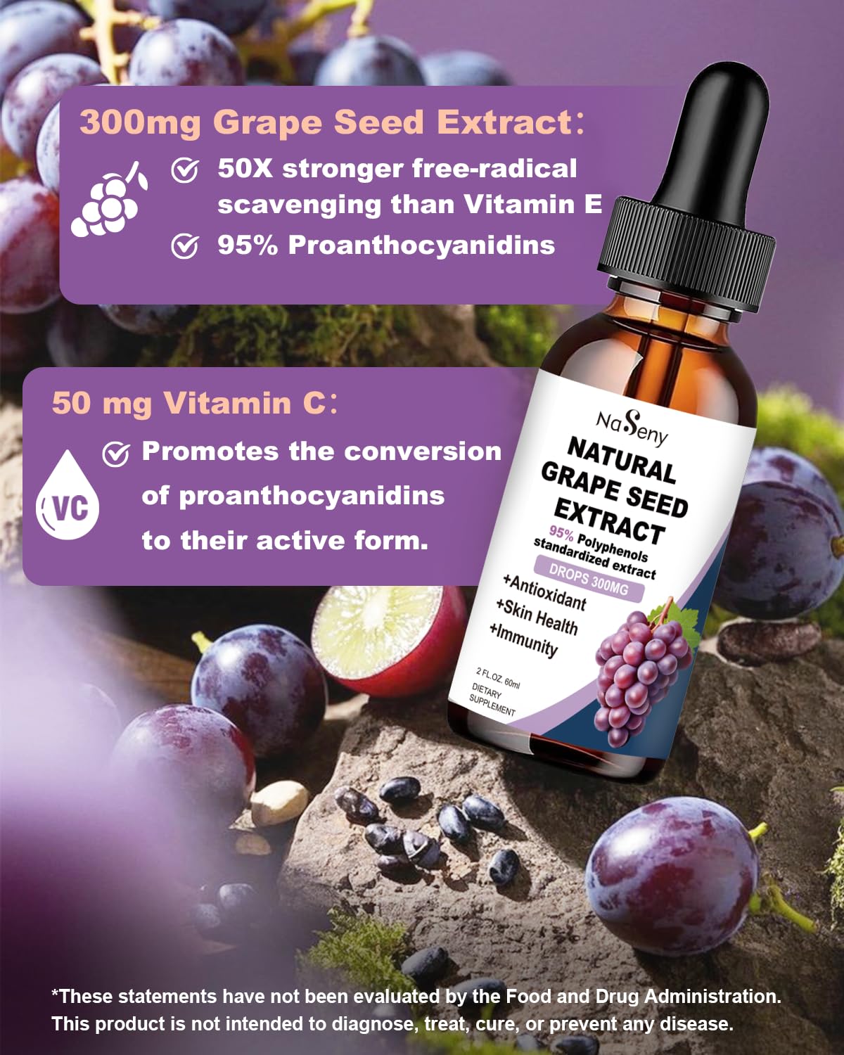 NaSeny Grape Seed Extract liquid bottle with dropper
