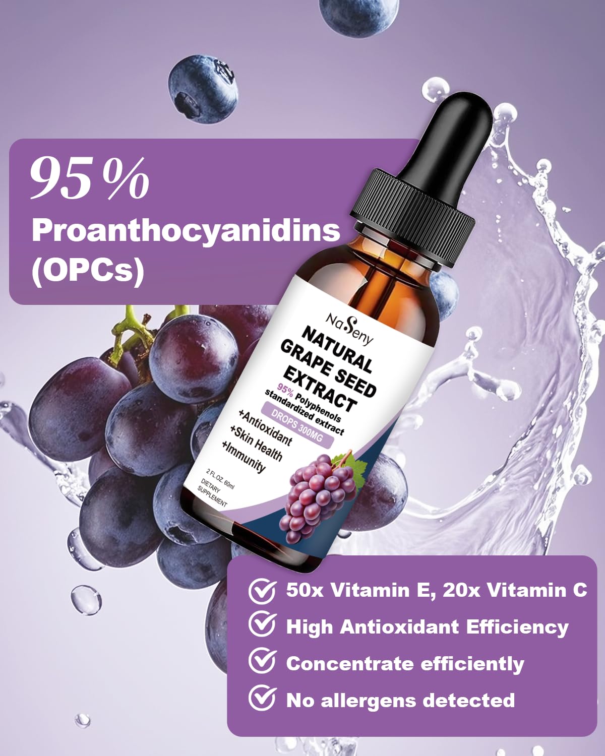 Close up of NaSeny grape seed extract label showing 95 percent polyphenols
