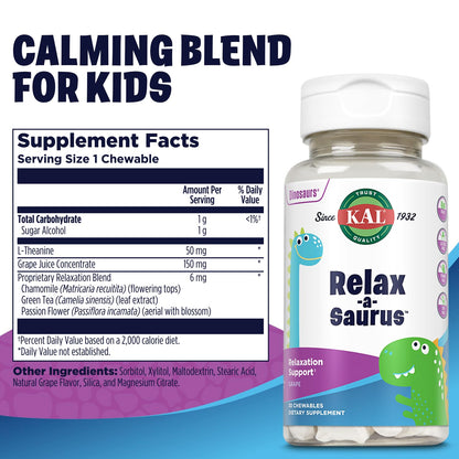 KAL Relax a Saurus grape flavor 30 chewables nutritional information label