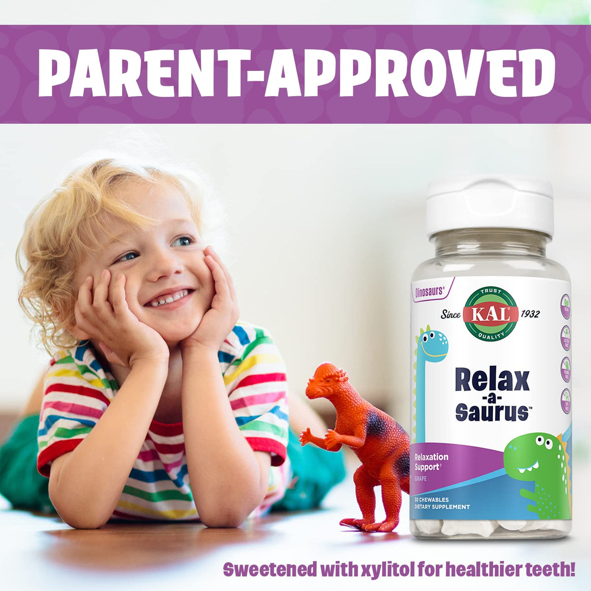 KAL Relax a Saurus L Theanine calming blend supplement packaging