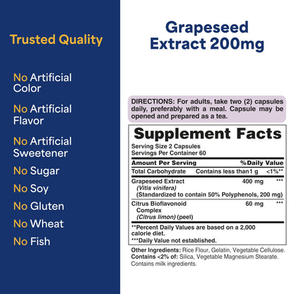 Back label of authentic Puritan's Pride Grapeseed Extract bottle