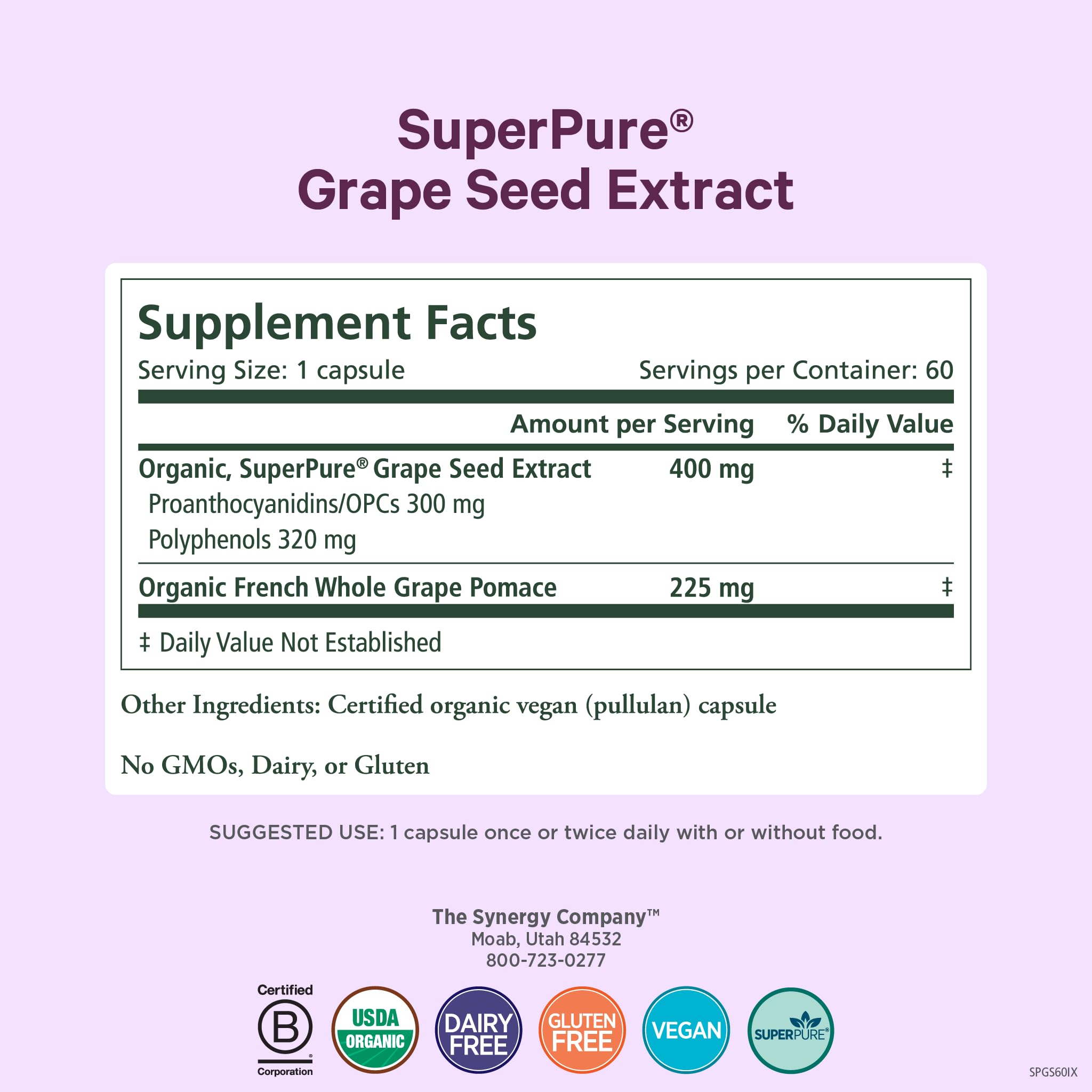 Pure Synergy SuperPure Grape Seed Extract 60 capsules label details