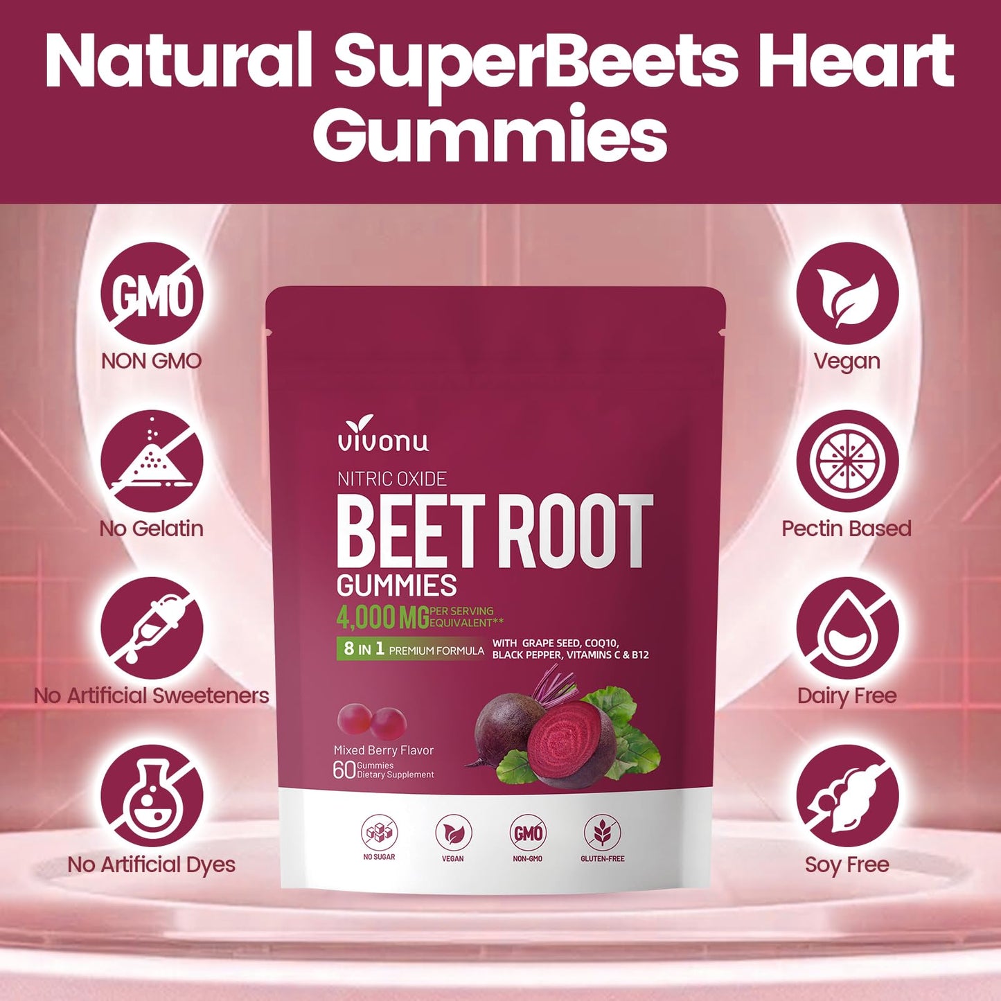 VivoNu mixed berry flavored beet root gummies in a bowl