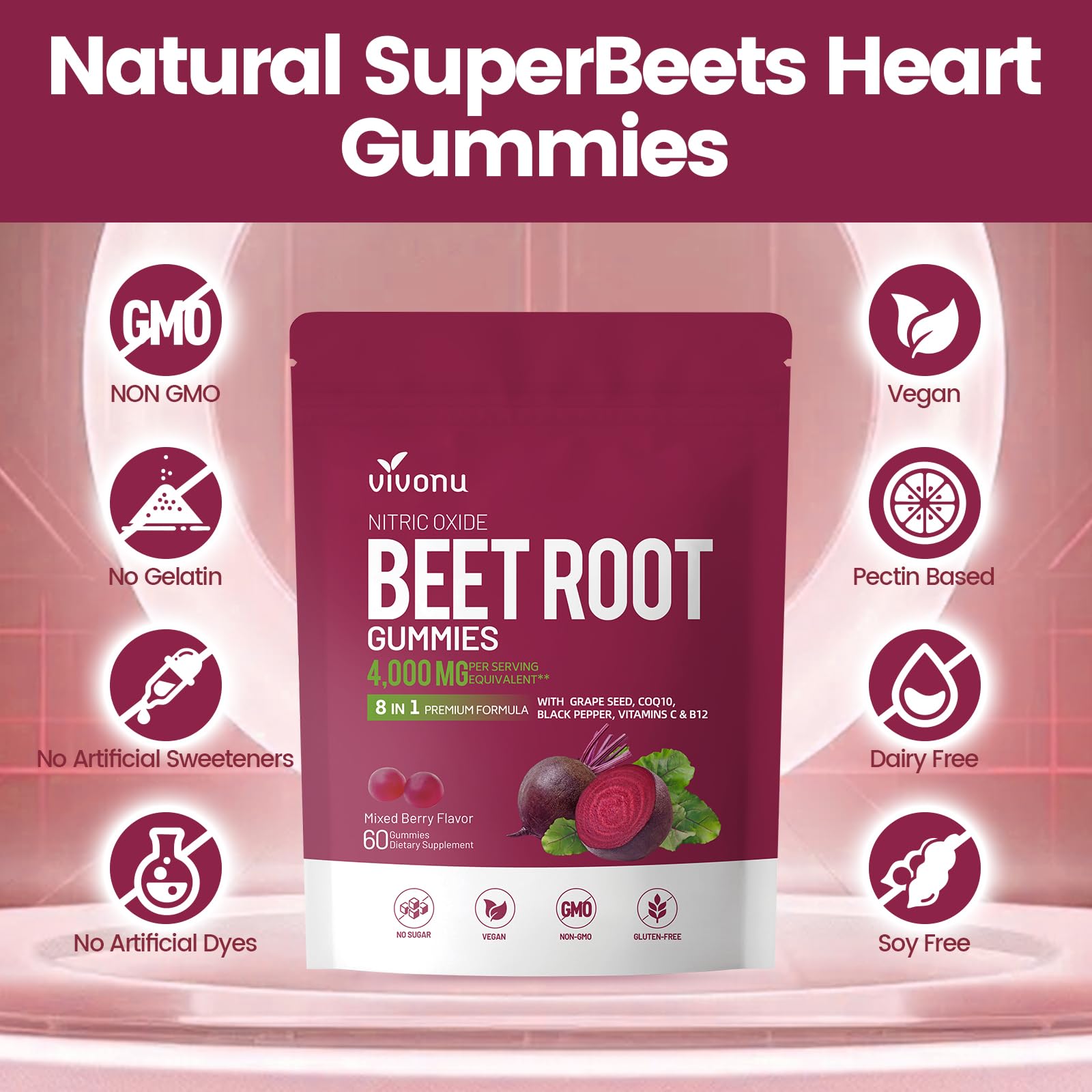 VivoNu mixed berry flavored beet root gummies in a bowl