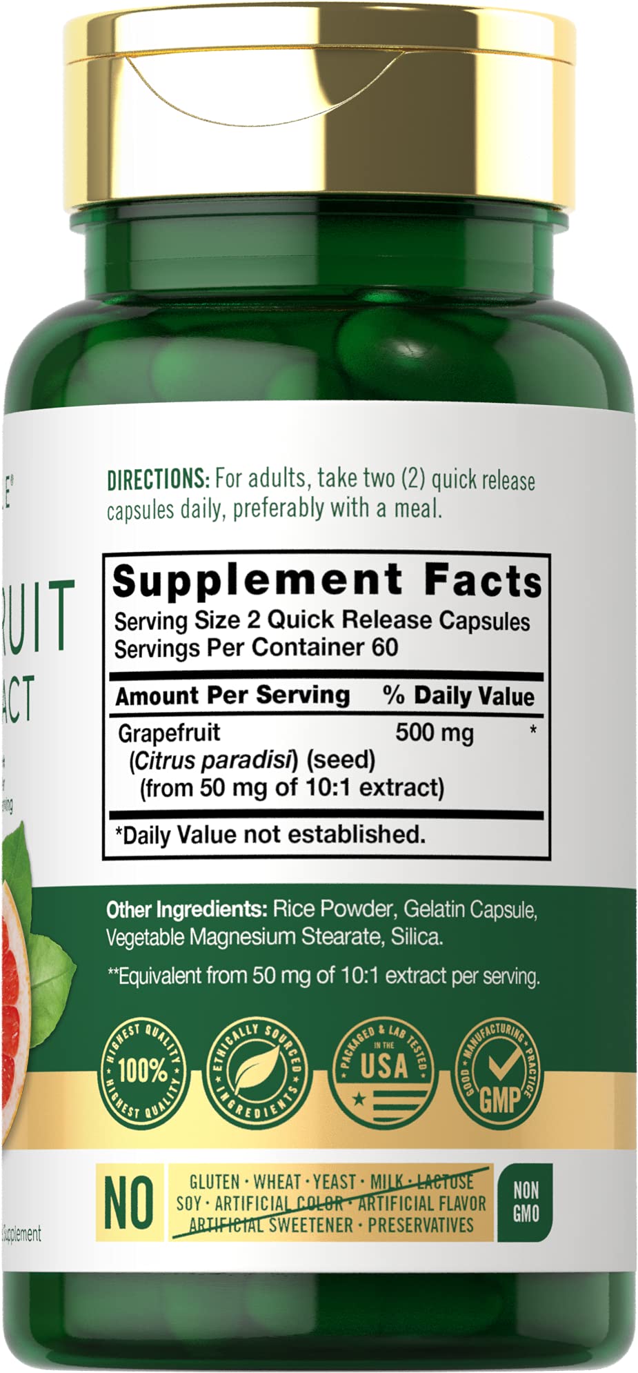 Carlyle Grapefruit Seed Extract 120 capsules label detail