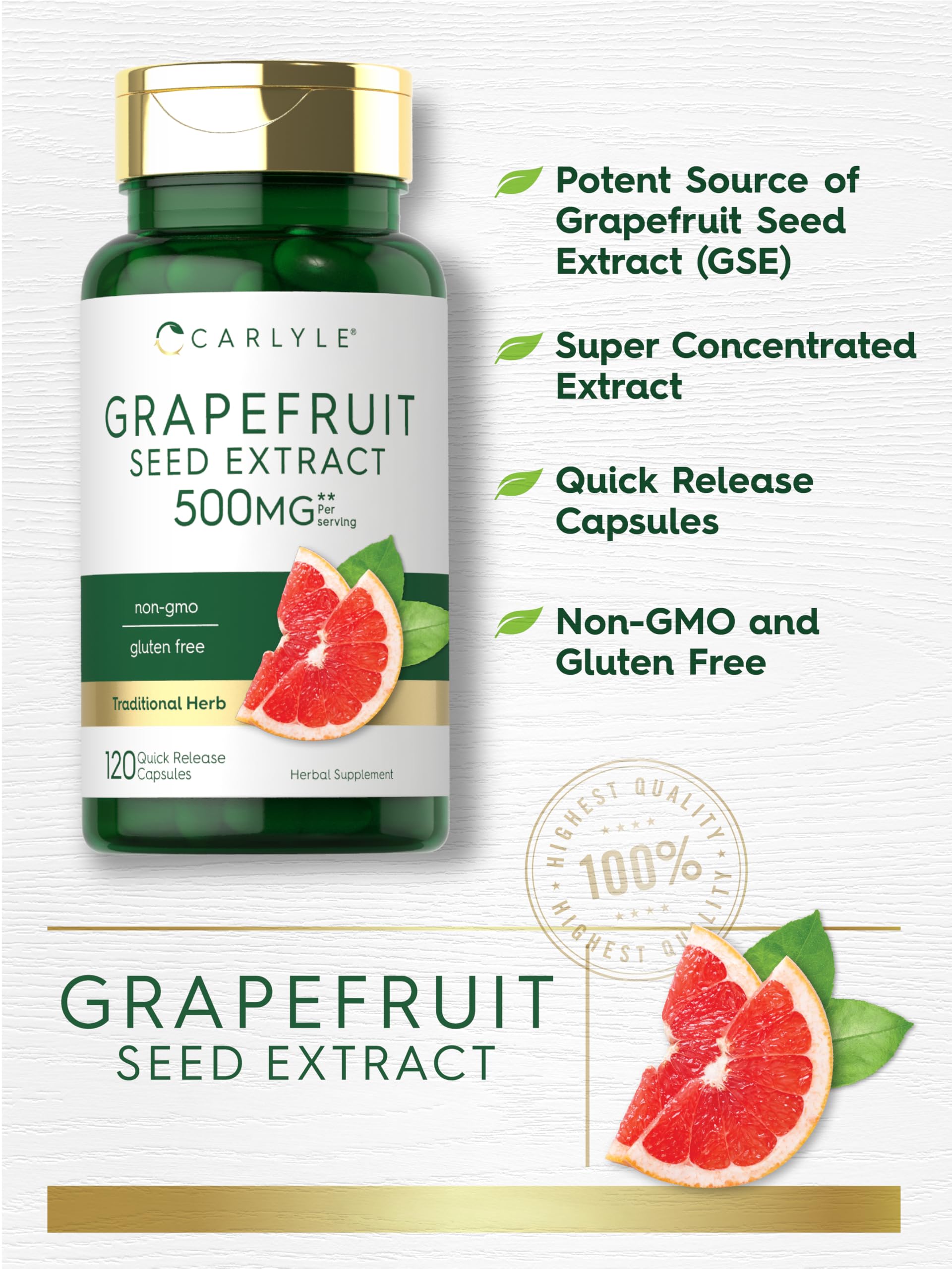 Side view of Carlyle Grapefruit Seed Extract supplement bottle