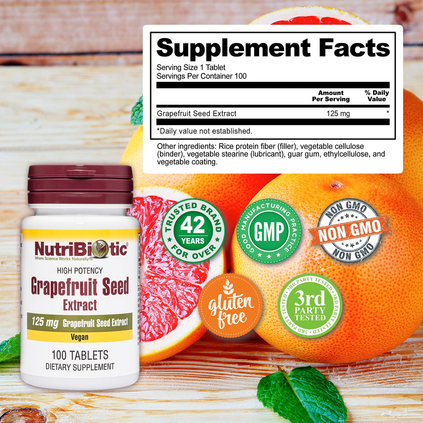 Vegan and gluten free grapefruit seed extract tablets for gut health microflora balance.