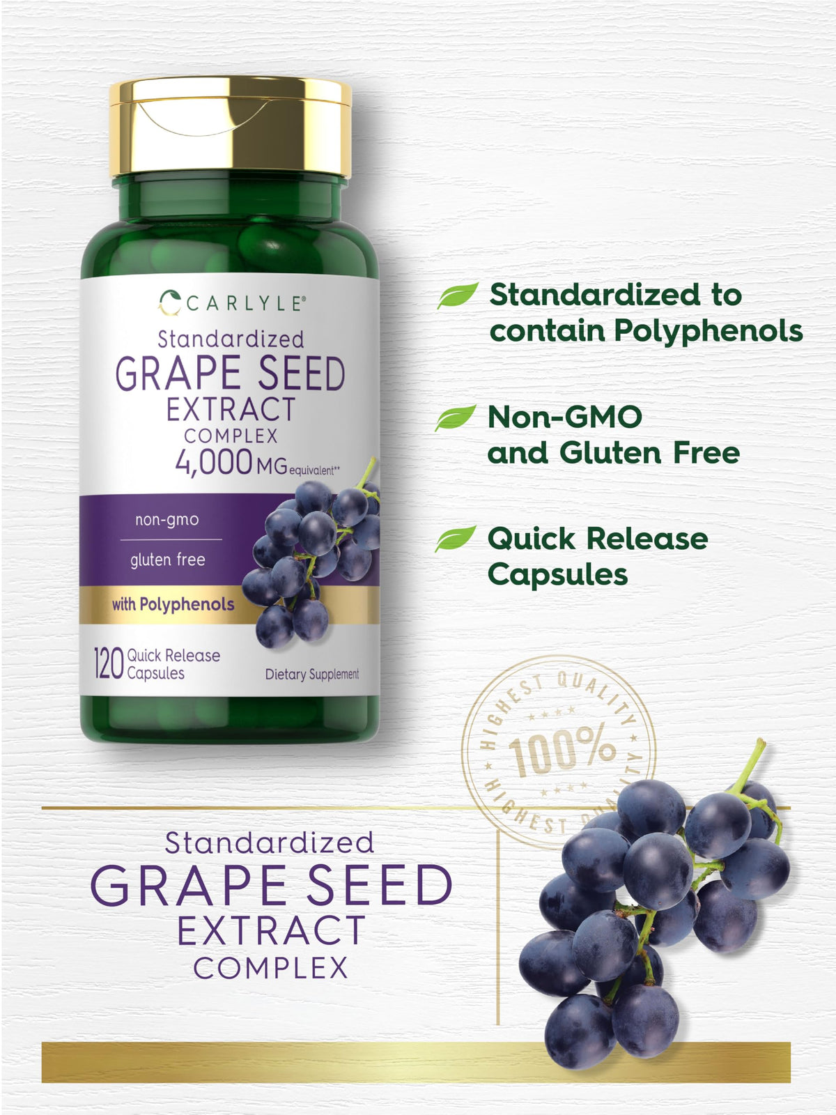 Carlyle Grape Seed Extract standardized complex bottle side view