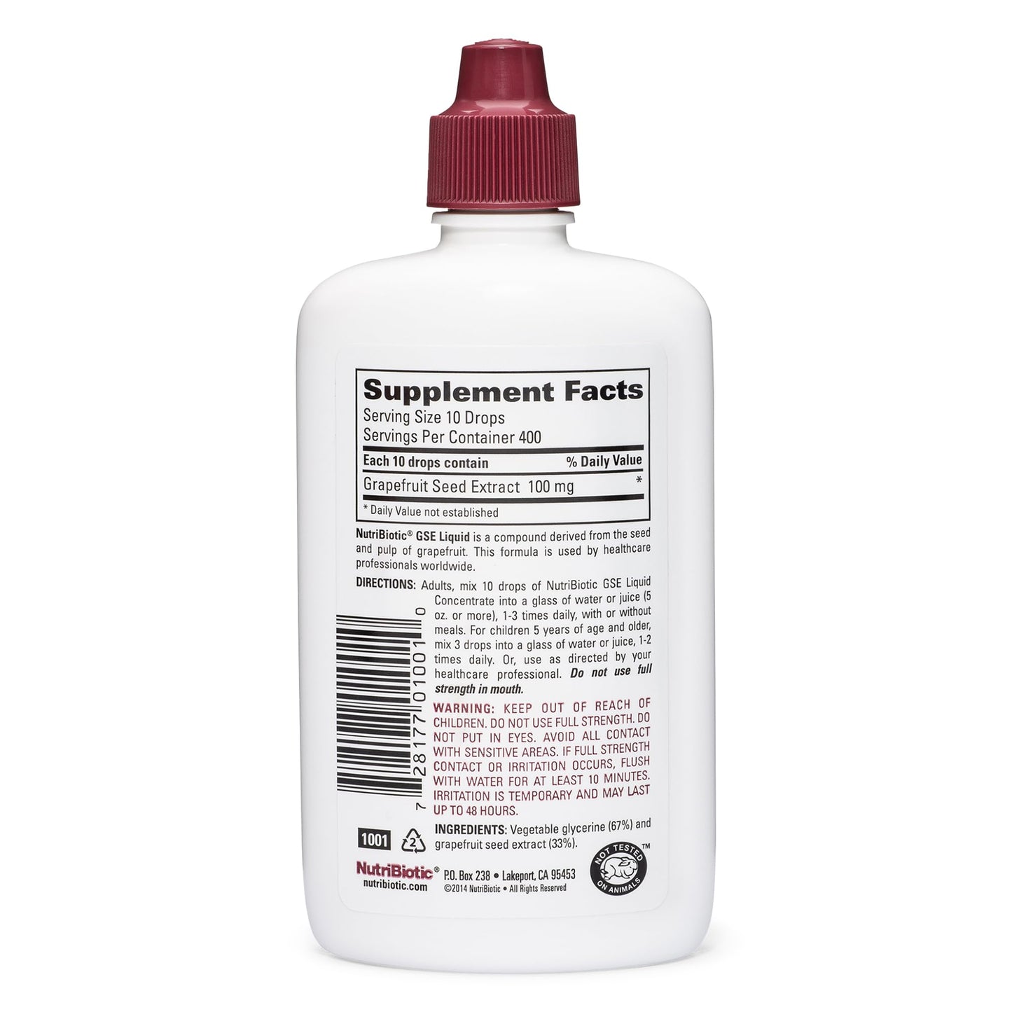 NutriBiotic Grapefruit Seed Extract four fluid ounces bottle showing supplement facts and vegan certification