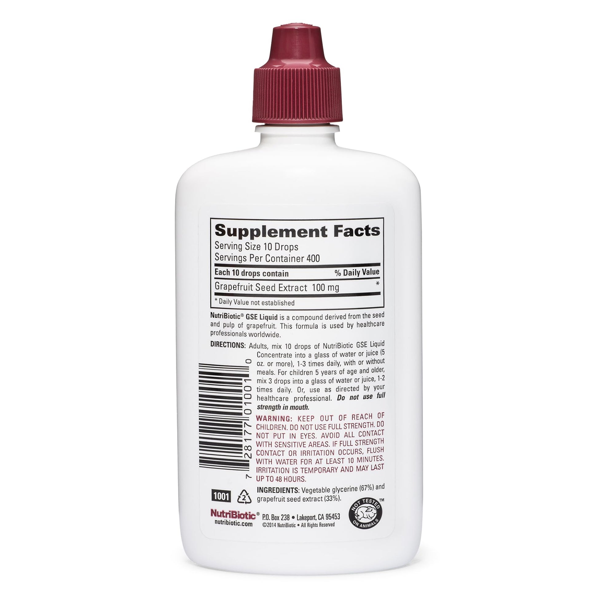 NutriBiotic Grapefruit Seed Extract four fluid ounces bottle showing supplement facts and vegan certification