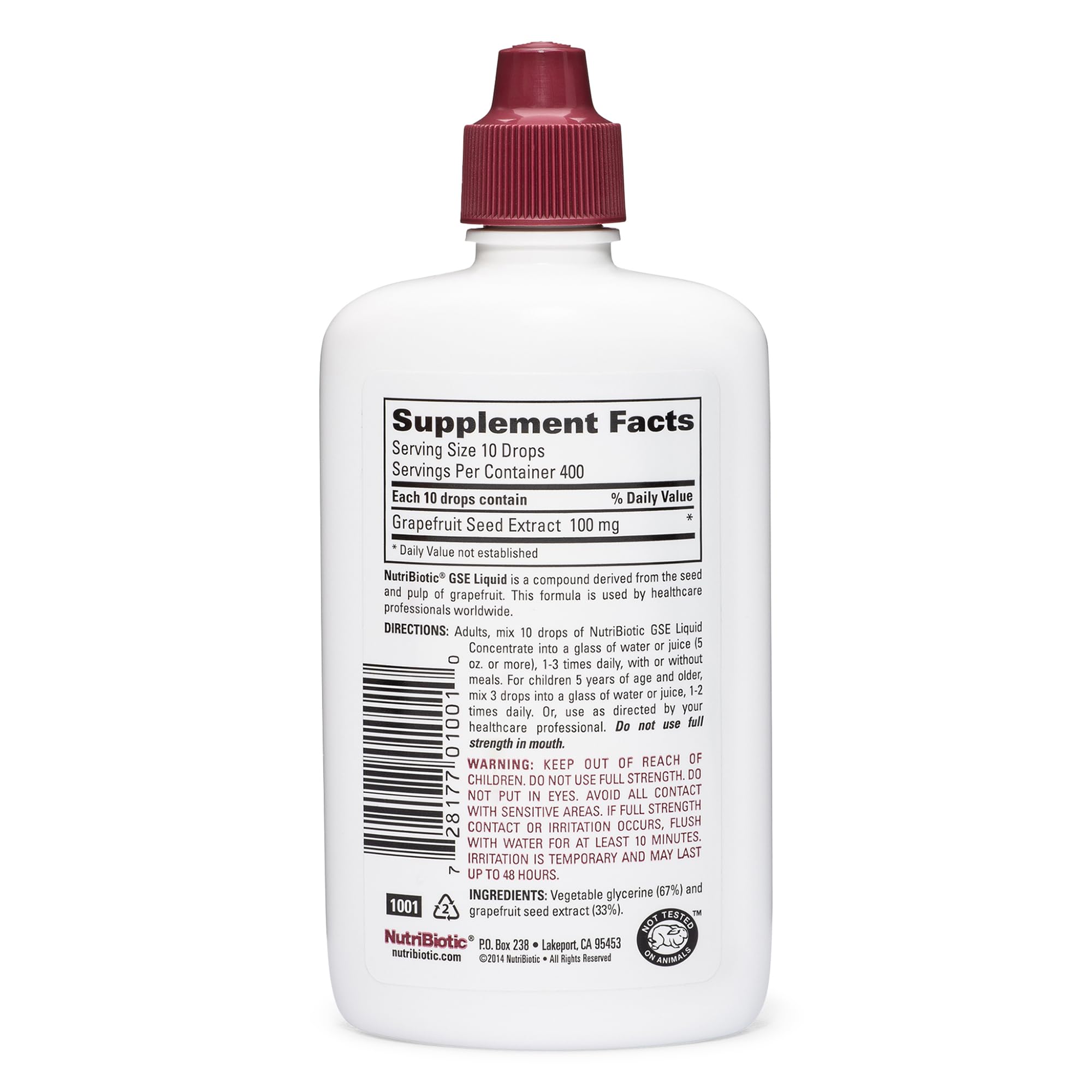 NutriBiotic Grapefruit Seed Extract four fluid ounces bottle showing supplement facts and vegan certification