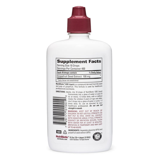 NutriBiotic Grapefruit Seed Extract four fluid ounces bottle showing supplement facts and vegan certification