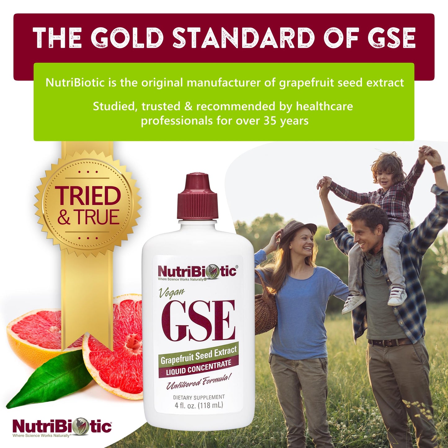 Liquid concentrate bottle of grapefruit seed extract by NutriBiotic showing product dilution directions