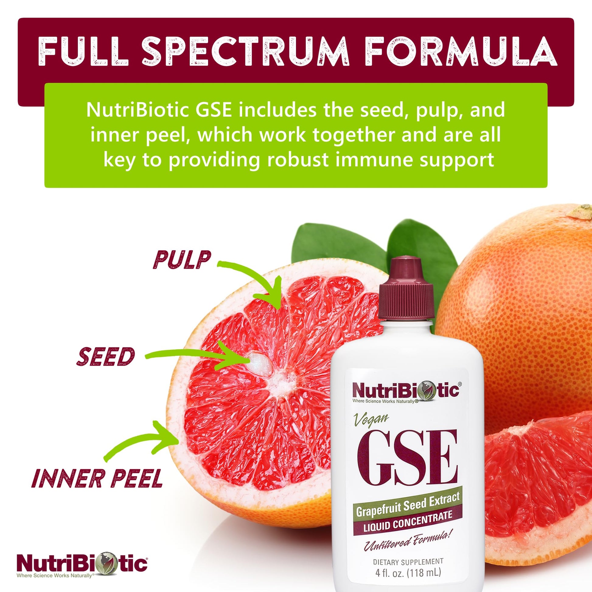 Pure grapefruit seed extract premium liquid supplement highlighting the non GMO and gluten free label