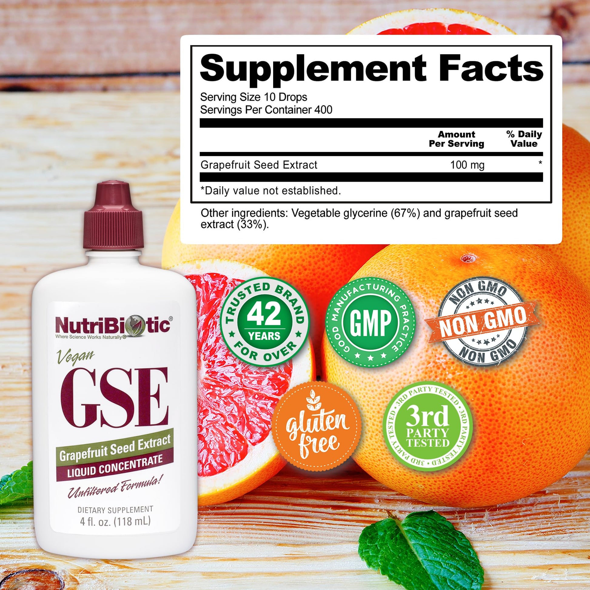 Authentic imported USA NutriBiotic GSE liquid concentrate bottle on a clean backdrop for holistic wellness