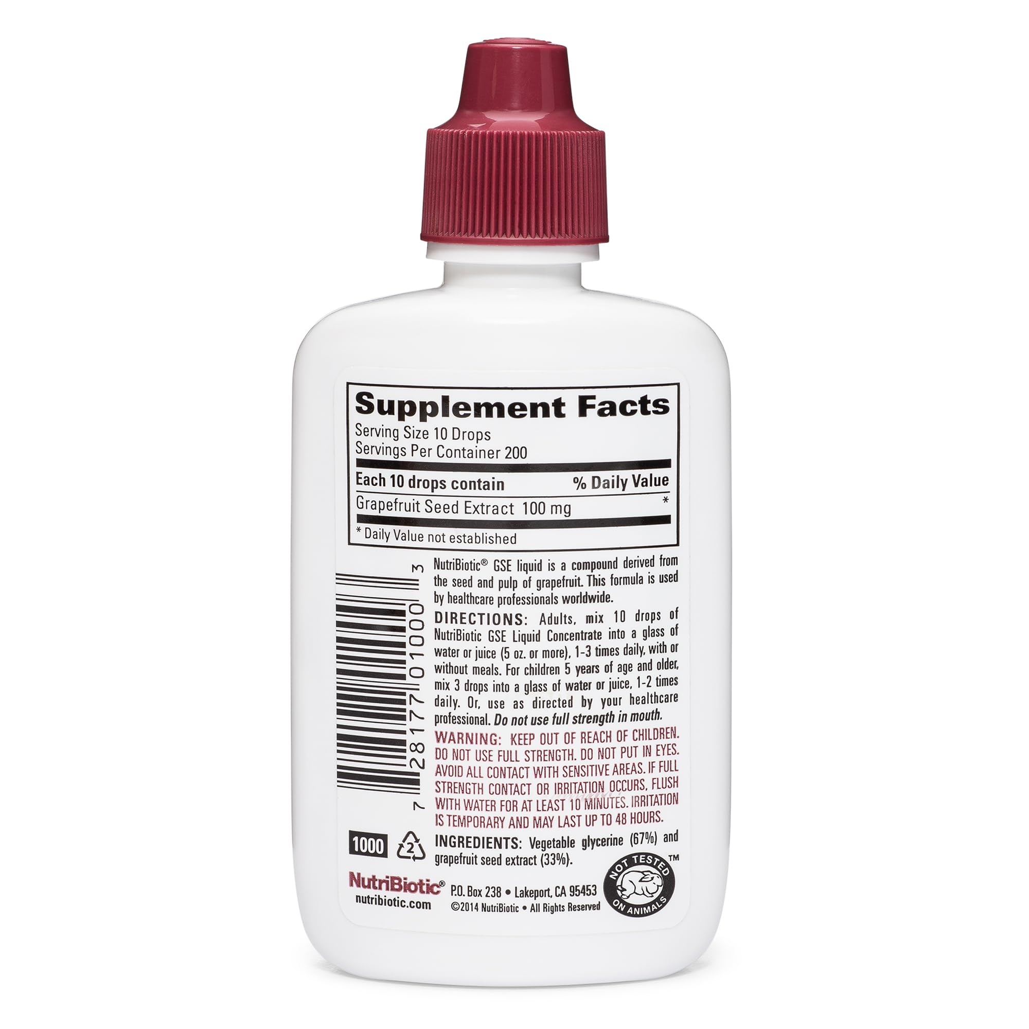 Vegan Grapefruit Seed Extract 2 Fluid Ounce bottle showcasing ingredients list and certified non-GMO product features