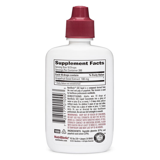 Vegan Grapefruit Seed Extract 2 Fluid Ounce bottle showcasing ingredients list and certified non-GMO product features