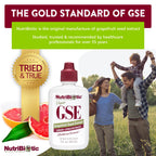 NutriBiotic GSE Liquid Concentrate dietary supplement bottle angled view depicting product size and official liquid volume details