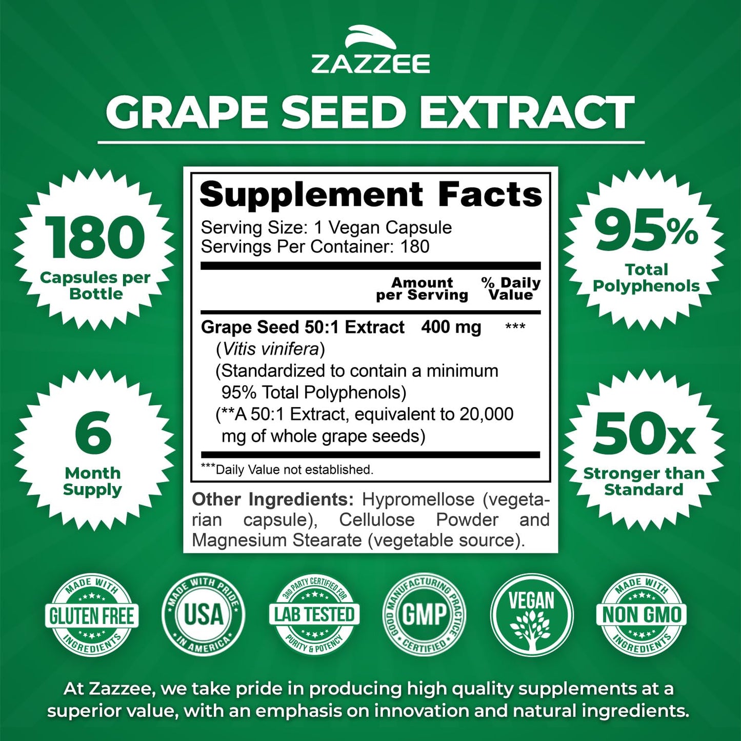 Close up of Zazzee grape seed extract 400mg supplement label details