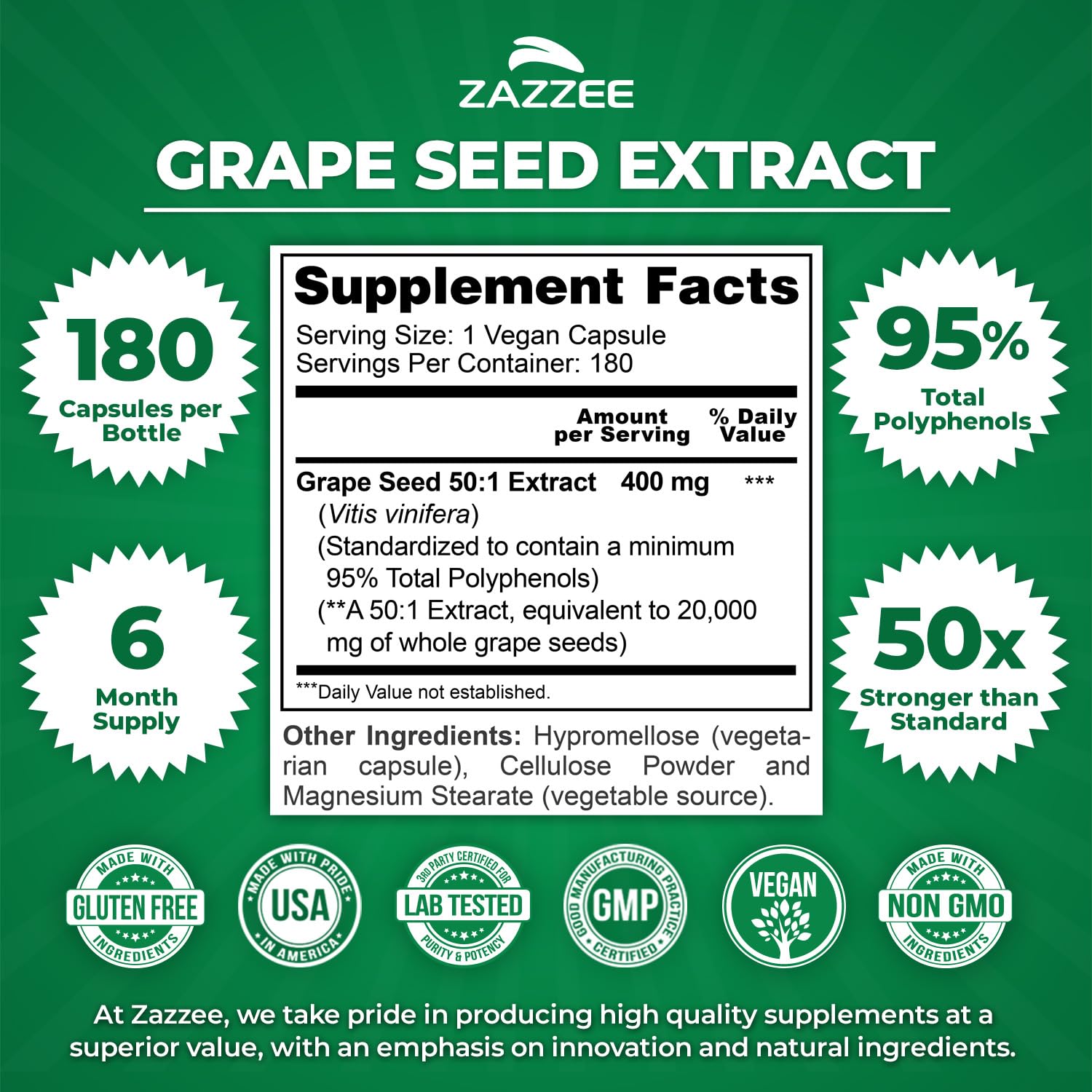 Close up of Zazzee grape seed extract 400mg supplement label details