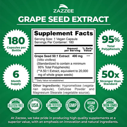 Close up of Zazzee grape seed extract 400mg supplement label details