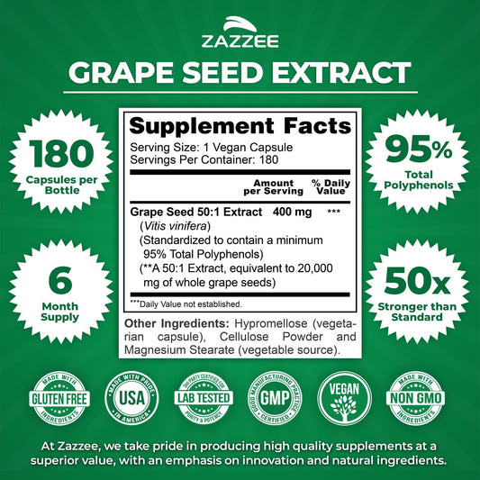 Close up of Zazzee grape seed extract 400mg supplement label details