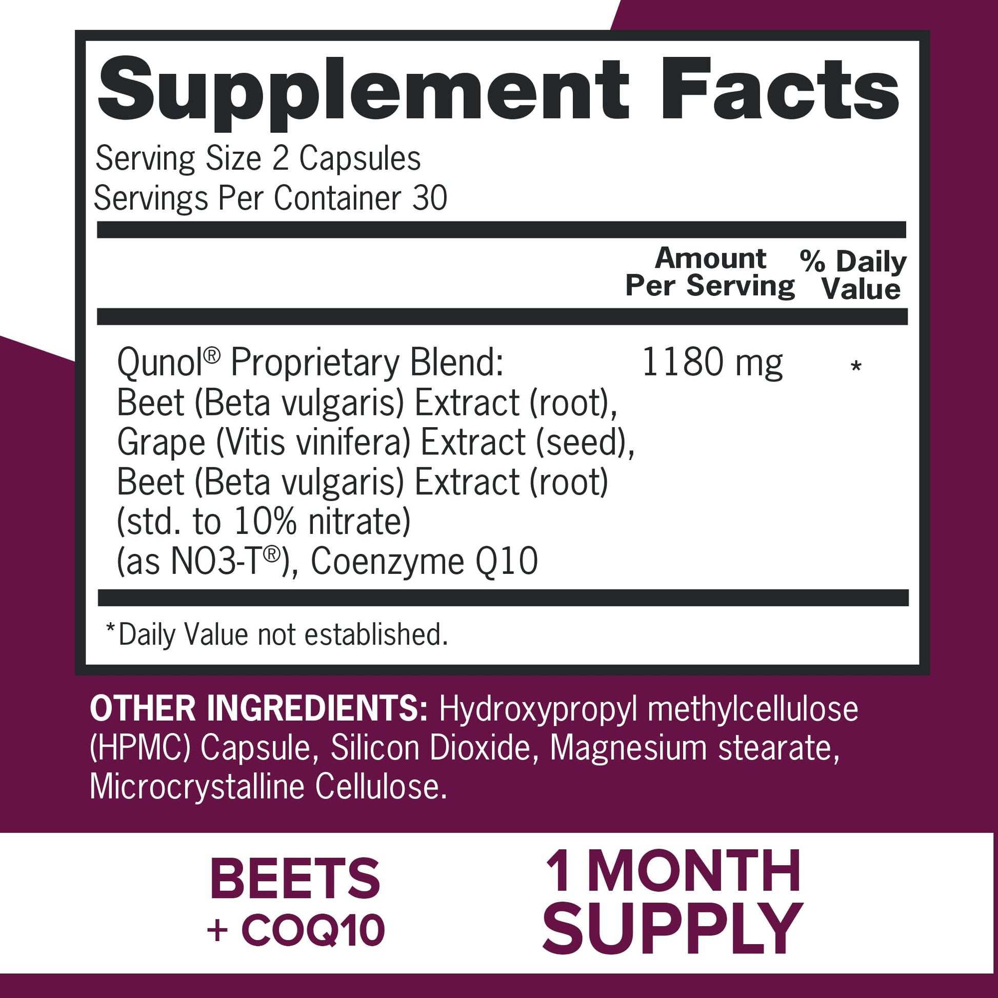 Qunol Blood Pressure Support supplement facts panel